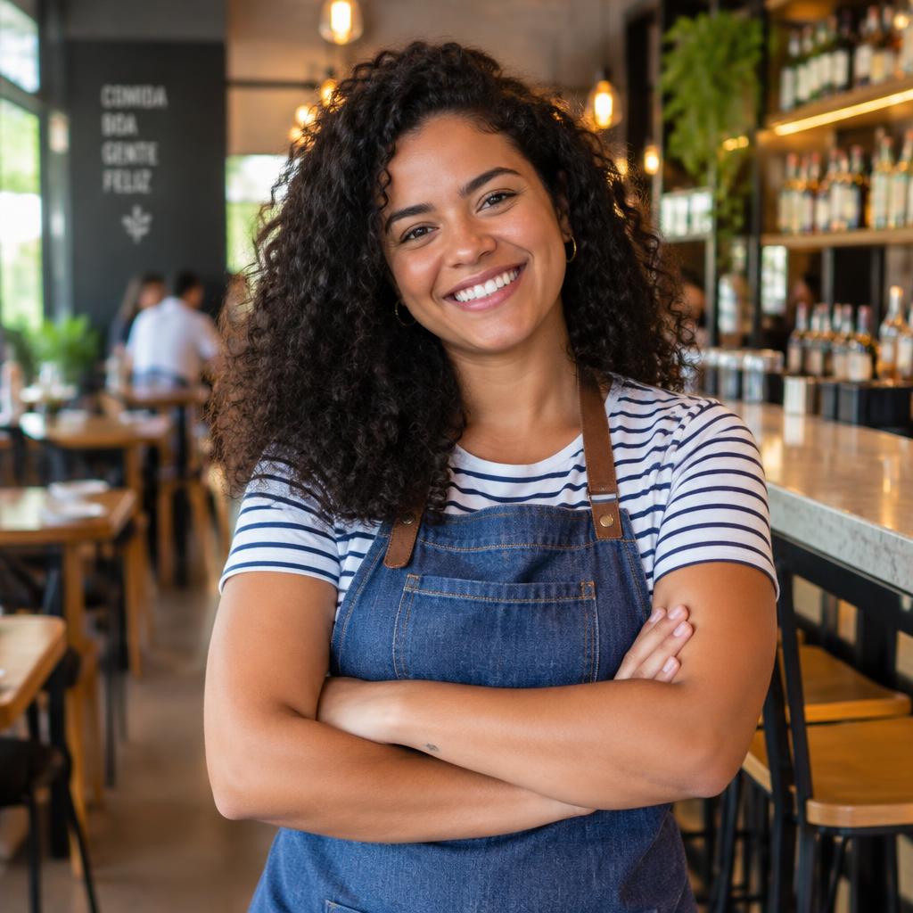 Profissional de restaurante pronta para conversar sobre a operação
