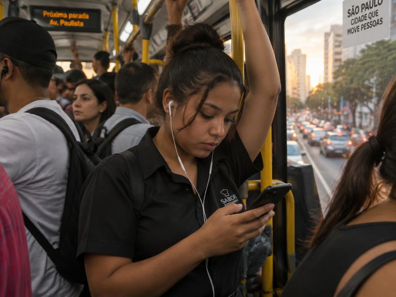 Profissional de restaurante aprendendo pelo celular no ônibus